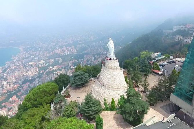 Small Group Tour to Jeita Grotto, Harisa & Byblos with Hotel pickup - Harissa Shrine: the 15-ton bronze Mary with Beirut in view